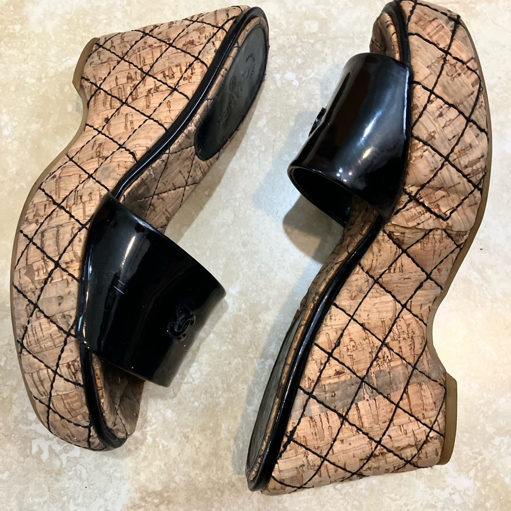 Vintage CHANEL 2000’s Cork Quilted Black Patent Leather Wedge Platform Sandals